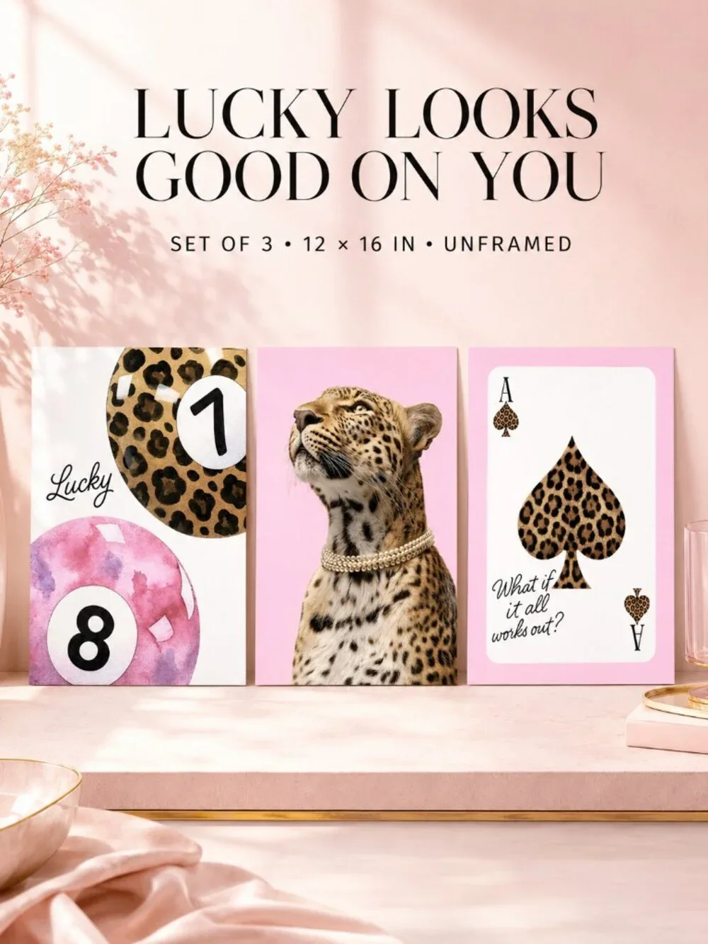 Pink Leopard Wall Art Set of 3 Lucky 8 Ball Ace Spade 12